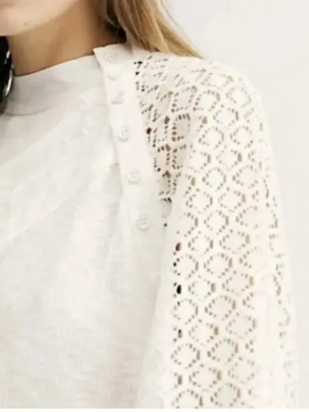 Free People Sweetest Thing Top S Ivory Lace Sleeve Thermal Knit Boho Romantic